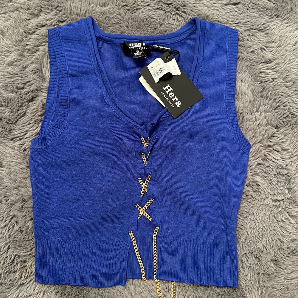Hera Collection Royal Blue Open Tank Vest with Gold Chain Accent